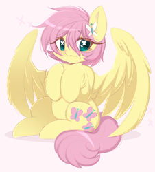 Size: 2888x3200 | Tagged: safe, artist:heavymetalpapi, artist:papilrux, derpibooru import, fluttershy, pegasus, pony, g4, alternate hairstyle, cute, cutie mark eyes, female, high res, mare, short hair, short hair fluttershy, shyabetes, sitting, smiling, solo, spread wings, tail, wingding eyes, wings