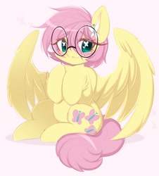 Size: 1848x2048 | Tagged: safe, alternate version, artist:heavymetalpapi, artist:papilrux, derpibooru import, fluttershy, pegasus, pony, g4, alternate hairstyle, cute, cutie mark eyes, ear fluff, ears, female, glasses, hairclip, leg fluff, mare, meganekko, short hair, short hair fluttershy, shyabetes, sitting, smiling, solo, spread wings, tail, wing fluff, wingding eyes, wings