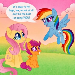 Size: 1500x1500 | Tagged: safe, artist:faelingmagic, derpibooru import, fluttershy, rainbow dash, scootaloo, pegasus, pony, g4, female, filly, foal, mare, positive message, positive ponies, speech bubble, trio, trio female