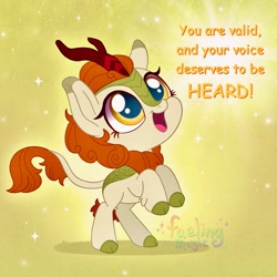 Size: 1500x1500 | Tagged: safe, artist:faelingmagic, derpibooru import, autumn blaze, kirin, g4, chibi, cloven hooves, female, open mouth, positive message, positive ponies, solo