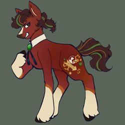 Size: 2000x2000 | Tagged: safe, artist:fhroggy, derpibooru import, oc, oc only, oc:tourist trap, earth pony, pony, blaze (coat marking), brooch, brown coat, brown eyes, brown hooves, brown mane, brown tail, coat markings, collar, colored, colored pinnae, curly hair, curly mane, curly tail, ear piercing, earring, earth pony oc, facial hair, facial markings, flat colors, jewelry, leg markings, looking back, male, male oc, narrowed eyes, piercing, ponytail, profile, raised hoof, raised leg, signature, smiling, snip (coat marking), socks (coat marking), solo, stallion, standing, standing on three hooves, striped mane, striped tail, tail, thin, tied mane, unshorn fetlocks