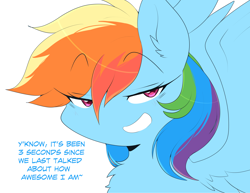 Size: 3756x2897 | Tagged: safe, artist:heavymetalpapi, artist:papilrux, derpibooru import, rainbow dash, pegasus, pony, g4, chest fluff, ear fluff, ears, eye clipping through hair, eyebrows, eyebrows visible through hair, female, grin, high res, looking at you, mare, rainbow dash being rainbow dash, simple background, smiling, smiling at you, smirk, solo, spread wings, talking to viewer, white background, wings