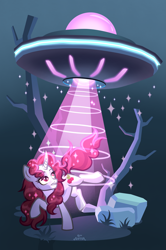 Size: 2607x3931 | Tagged: safe, artist:redjester, derpibooru import, oc, oc only, pony, unicorn, abduction, hooves up, horn, solo, tree, ufo, vector