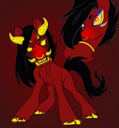 Size: 3832x4096 | Tagged: safe, artist:opalacorn, derpibooru import, oc, oc only, demon, demon pony, pony, chest fluff, cloven hooves, colored pupils, gradient background, horns, male, nose piercing, nose ring, oni, oni pony, piercing, solo, stallion, tusk