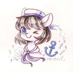 Size: 1856x1834 | Tagged: safe, artist:orchidlanlan738, derpibooru import, oc, oc only, fish, pony, bust, clothes, cute, ocbetes, one eye closed, portrait, sailor, sailor uniform, smiling, solo, traditional art, uniform, wink