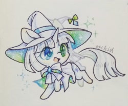 Size: 2418x2000 | Tagged: safe, artist:orchidlanlan738, derpibooru import, oc, oc only, pony, unicorn, chibi, cute, hat, horn, ocbetes, open mouth, open smile, smiling, solo, traditional art, unicorn oc, witch, witch hat