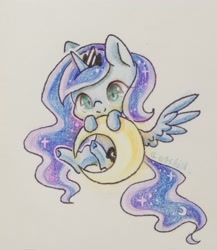 Size: 2000x2307 | Tagged: safe, artist:orchidlanlan738, derpibooru import, princess luna, alicorn, pony, chibi, cute, lunabetes, moon, smiling, solo, traditional art