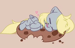 Size: 2500x1630 | Tagged: safe, artist:kittyrosie, derpibooru import, derpy hooves, pegasus, pony, g4, cookie, cute, derpabetes, eyes closed, female, folded wings, food, lying down, mare, on side, open mouth, simple background, sleeping, solo, tail, wings