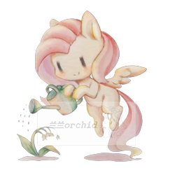 Size: 2000x2000 | Tagged: safe, artist:orchidlanlan738, derpibooru import, fluttershy, pegasus, pony, g4, cute, female, flying, mare, plant, shyabetes, simple background, smiling, solo, traditional art, transparent background, watering