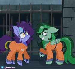 Size: 3300x3070 | Tagged: safe, artist:juniverse, derpibooru import, oc, oc only, oc:eden shallowleaf, oc:juniverse, earth pony, pegasus, bound wings, chains, clothes, commissioner:rainbowdash69, curious, duo, duo female, female, jail, jumpsuit, nervous, nervous smile, never doubt rainbowdash69's involvement, prison, prison outfit, prisoner, ribbon, shackles, smiling, space pony, universe daughter, wings