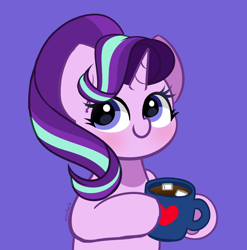 Size: 2024x2048 | Tagged: safe, artist:kittyrosie, derpibooru import, starlight glimmer, pony, unicorn, g4, blushing, chocolate, cute, female, food, glimmerbetes, high res, horn, hot chocolate, looking at you, mare, marshmallow, mug, purple background, signature, simple background, smiling, smiling at you, solo