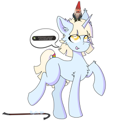 Size: 3072x3072 | Tagged: safe, artist:vinyvitz, derpibooru import, oc, oc only, oc:aria taitava, gnome, unicorn, bipedal, cheek fluff, chest fluff, crowbar, ear fluff, ears, female, fluffy, glitter, gnome chompski, half-life, half-life 2, heavy (tf2), horn, makeup, on head, raised hoof, raised hooves, raised leg, simple background, solo, speech bubble, tail, tail band, team fortress 2, transparent background, xbox