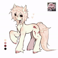 Size: 2022x2034 | Tagged: safe, artist:nikolaihyde, derpibooru import, oc, oc only, earth pony, pony, adoptable, fangs, mushroom, pink mane, pink tail, raised hoof, raised leg, simple background, solo, tail, white background, yellow coat