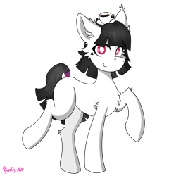 Size: 3072x3072 | Tagged: safe, artist:vinyvitz, derpibooru import, oc, oc only, oc:caffeine, earth pony, bipedal, cheek fluff, chest fluff, coffee, coffee cup, cup, ear fluff, ears, female, fluffy, glitter, hat, looking at you, makeup, raised hoof, raised hooves, raised leg, simple background, solo, stars, tail, tail band, transparent background