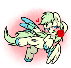 Size: 1000x950 | Tagged: safe, artist:paperbagpony, derpibooru import, oc, oc only, pegasus, blushing, flower, flower in mouth, flying, mouth hold, pegasus oc, rose, rose in mouth, unshorn fetlocks