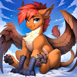 Size: 5120x5120 | Tagged: safe, ai content, derpibooru import, machine learning generated, oc, oc only, oc:ponygriff, hybrid, cheek fluff, chest fluff, cloud, ear fluff, ears, male, on a cloud, paws, ponygriff, prompter:pzkratzer, sitting, sitting on cloud, solo, underpaw