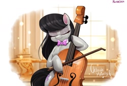 Size: 1992x1356 | Tagged: safe, artist:mar0x8, derpibooru import, octavia melody, earth pony, pony, bipedal, bow (instrument), bowtie, cello, eyes closed, female, mare, musical instrument, necktie, octavia's bowtie, solo, tail