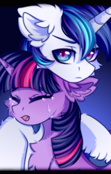 Size: 1728x2707 | Tagged: safe, artist:stesha, artist:stesha_art, derpibooru import, shining armor, twilight sparkle, unicorn twilight, unicorn, g4, brother and sister, chest fluff, crying, duo, duo male and female, ear fluff, ears, eyes closed, female, gradient background, horn, male, mare, open mouth, siblings, stallion, unshorn fetlocks