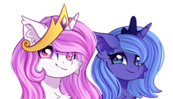 Size: 4500x2600 | Tagged: safe, artist:stesha, artist:stesha_art, derpibooru import, princess celestia, princess luna, alicorn, pony, g4, cheek fluff, chest fluff, crown, duo, duo female, ear fluff, ears, female, high res, horn, jewelry, looking at you, mare, pink-mane celestia, regalia, royal sisters, siblings, simple background, sisters, smiling, smiling at you, transparent background