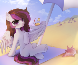 Size: 2388x2000 | Tagged: oc name needed, safe, artist:anku, derpibooru import, oc, oc only, pegasus, pony, alcohol, beach, beach umbrella, cocktail, drink, drinking straw, female, food, high res, lemon, mare, outdoors, pegasus oc, sitting, solo, spread wings, tail, umbrella, underhoof, wings