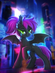 Size: 1500x2000 | Tagged: safe, artist:scheadar, derpibooru import, oc, oc only, oc:bitwise operator, bat pony, pony, bat pony oc, bat wings, city, commission, cyberpunk, ear piercing, ear tufts, earring, fangs, jewelry, looking at you, outdoors, piercing, raised hoof, raised leg, slit eyes, solo, spread wings, tail, wings