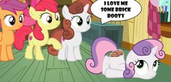 Size: 2179x1045 | Tagged: safe, derpibooru import, editor:pascalmulokozi2, apple bloom, scootaloo, sweetie belle, oc, oc:brick sweetie belle, earth pony, pegasus, pony, unicorn, g4, brick booty, bricks, context is for the weak, cutie mark crusaders, dialogue, female, filly, foal, forced meme, horn, indoors, meme, speech bubble, text, wat