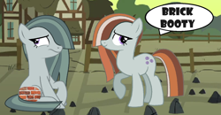 Size: 1412x735 | Tagged: safe, artist:greenmachine987, derpibooru import, marble pie, oc, earth pony, pony, brick booty, bricks, context is for the weak, female, forced meme, mare, meme, rock farm, speech bubble, wat