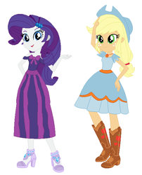 Size: 506x626 | Tagged: safe, artist:3d4d, artist:selenaede, derpibooru import, applejack, rarity, human, equestria girls, g4, applebetes, applejack also dresses in style, base used, boots, clothes, commission, cute, cute dress, dress, duo, duo female, female, freckles, hand on hip, hat, high heels, open mouth, open smile, raribetes, shoes, simple background, smiling, white background