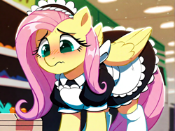 Size: 1064x800 | Tagged: safe, ai content, derpibooru import, generator:pony diffusion v6 xl, generator:stable diffusion, machine learning generated, fluttershy, pegasus, pony, g4, blushing, clothes, detailed background, embarrassed, fluttermaid, french maid, maid, prompter:darkfire681, solo