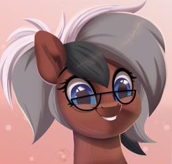 Size: 3033x2897 | Tagged: safe, artist:joaothejohn, derpibooru import, oc, oc only, oc:lunaria, earth pony, pony, blue eyes, cute, female, glasses, looking at you, multicolored hair, ponytail, semi-realistic, simple background, smiling