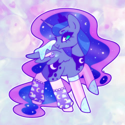 Size: 1400x1400 | Tagged: safe, artist:vivian reed, derpibooru import, part of a set, princess luna, alicorn, pony, g4, abstract background, bipedal, clothes, fairy kei, female, food, frosting, leg warmers, looking at you, mare, no pupils, smiling, smiling at you, socks, solo, spread wings, wings