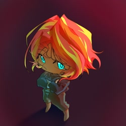 Size: 1080x1080 | Tagged: safe, alternate version, artist:zhonghuageziqiu, derpibooru import, sunset shimmer, human, equestria girls, g4, chibi, crossed arms, frown, glowing, glowing eyes, gradient background, solo