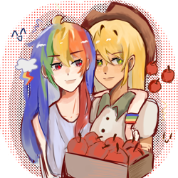 Size: 1080x1080 | Tagged: safe, artist:xinjinjumin522225991353, derpibooru import, applejack, rainbow dash, human, abstract background, apple, box, food, humanized, smiling