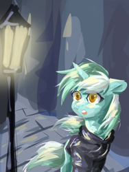 Size: 1600x2133 | Tagged: safe, artist:chiling-cui, derpibooru import, lyra heartstrings, pony, unicorn, fanfic:background pony, clothes, female, hoodie, horn, mare, solo, streetlight