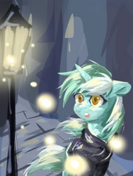 Size: 1600x2133 | Tagged: safe, alternate version, artist:chiling-cui, derpibooru import, lyra heartstrings, pony, unicorn, fanfic:background pony, clothes, female, hoodie, horn, mare, solo, streetlight