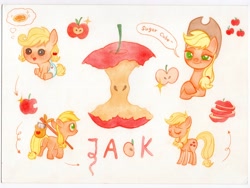 Size: 4314x3236 | Tagged: safe, artist:miss-aciturn, derpibooru import, applejack, earth pony, pony, apple, applejack is best facemaker, baby, babyjack, female, filly, filly applejack, foal, food, mare, simple background, solo, speech bubble, teenage applejack, teenager, text, traditional art, white background, younger