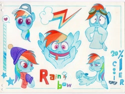 Size: 4256x3192 | Tagged: safe, artist:miss-aciturn, derpibooru import, rainbow dash, pegasus, pony, clothes, female, hat, heart, mare, open mouth, rainbow dash is best facemaker, scarf, simple background, speech bubble, spoon, sunglasses, text, tongue, tongue out, traditional art, white background, wing hold, wings, winter hat