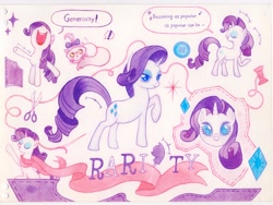 Size: 4096x3072 | Tagged: safe, artist:miss-aciturn, derpibooru import, opalescence, rarity, pony, unicorn, button, clothes, exclamation point, eyes closed, female, horn, mare, open mouth, scarf, scissors, sewing needle, smiling, speech bubble, text, traditional art