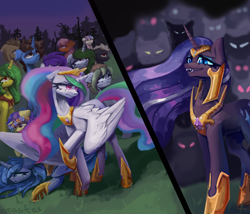 Size: 3500x3000 | Tagged: safe, artist:anastas, derpibooru import, idw, part of a set, bon bon, doctor whooves, larry, nightmare rarity, princess celestia, princess luna, shadowfright, sweetie drops, oc, oc:amethyst dawn, oc:dusty soil, oc:hriv, oc:langweilig freitag, oc:minerva, oc:sagitta, oc:tenebris cornu, alicorn, pony, unicorn, series:ask nightmare rarity, g4, spoiler:comic, armor, ask, comic, crying, ethereal mane, eyeshadow, fangs, female, folded wings, horn, jewelry, makeup, mare, mlp art ask (ru), nightmarified, open mouth, peytral, regalia, slit eyes, speech bubble, starry mane, sternocleidomastoid, wings