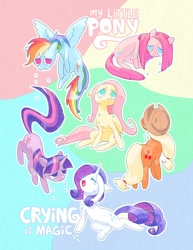 Size: 927x1200 | Tagged: safe, artist:fleebites, derpibooru import, applejack, fluttershy, pinkie pie, rainbow dash, rarity, twilight sparkle, unicorn twilight, earth pony, pegasus, pony, unicorn, g4, applejack's hat, clothes, cowboy hat, crying, female, flying, hat, mane six, mare, pinkamena diane pie, sitting