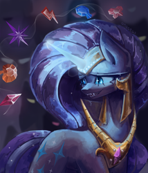 Size: 3000x3500 | Tagged: safe, artist:anastas, derpibooru import, part of a set, nightmare rarity, pony, unicorn, series:ask nightmare rarity, g4, absurd resolution, armor, ask, blue eyes, comic, digital art, element of generosity, element of honesty, element of kindness, element of laughter, element of loyalty, element of magic, elements of harmony, ethereal mane, eyelashes, eyeshadow, fangs, female, flowing mane, gem, glowing, glowing horn, helmet, horn, jewelry, lidded eyes, looking at you, magic, magic aura, makeup, mare, mlp art ask (ru), night, nightmarified, open mouth, open smile, peytral, purple mane, regalia, slit eyes, smiling, solo, sparkles, speech bubble, starry mane, stars, sternocleidomastoid, teeth, walking, wingding eyes