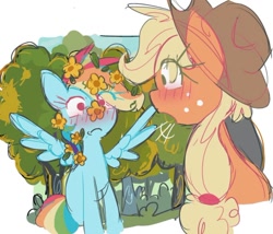 Size: 924x791 | Tagged: safe, artist:appledash3r_, derpibooru import, applejack, rainbow dash, earth pony, pegasus, pony, g4, apple orchard, appledash, applejack's hat, blush lines, blushing, clothes, colored eyelashes, colored sketch, cowboy hat, duo, emanata, female, flower, flower in hair, flustered, grass, green eyelashes, hat, lesbian, looking at each other, looking at someone, magenta eyelashes, orchard, outdoors, ponytail, shipping, sketch, spread wings, tied mane, tree, wings