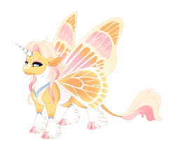 Size: 4600x3800 | Tagged: safe, artist:gigason, derpibooru import, oc, oc only, oc:colias, changepony, hybrid, adoptable, blue eyes, butterfly wings, cloven hooves, coat markings, colored eyebrows, colored hooves, colored horn, colored pinnae, colored wings, ear fluff, ears, eye markings, eyebrows, facial markings, fangs, floppy ears, frown, gradient body, gradient hooves, gradient legs, gradient mane, gradient tail, high res, hooves, horn, hybrid oc, interspecies offspring, leonine tail, lidded eyes, long mane, long mane male, looking back, magical lesbian spawn, male, male oc, multicolored wings, narrowed eyes, obtrusive watermark, offspring, orange coat, parents:oc x oc, pink hooves, raised eyebrow, simple background, snip (coat marking), socks (coat marking), solo, spread wings, standing, striped horn, tail, three quarter view, three toned mane, three toned tail, transparent background, unicorn horn, wall of tags, watermark, wings