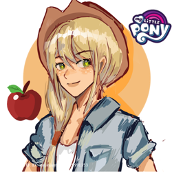 Size: 750x750 | Tagged: safe, artist:xinjinjumin522225991353, derpibooru import, applejack, human, applejack's hat, clothes, cowboy hat, freckles, hat, humanized, open mouth, open smile, simple background, smiling, white background