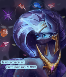 Size: 3000x3500 | Tagged: safe, alternate version, artist:anastas, derpibooru import, part of a set, nightmare rarity, pony, unicorn, series:ask nightmare rarity, g4, absurd resolution, armor, ask, blue eyes, comic, digital art, element of generosity, element of honesty, element of kindness, element of laughter, element of loyalty, element of magic, elements of harmony, english, ethereal mane, eyelashes, eyeshadow, fangs, female, flowing mane, gem, glowing, glowing horn, helmet, horn, jewelry, lidded eyes, looking at you, magic, magic aura, makeup, mare, mlp art ask (ru), night, nightmarified, open mouth, open smile, peytral, purple mane, regalia, slit eyes, smiling, solo, sparkles, speech bubble, starry mane, stars, sternocleidomastoid, teeth, text, translation, walking, wingding eyes