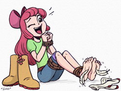 Size: 4000x3000 | Tagged: safe, artist:chaoskomori, derpibooru import, editor:overlord 2, apple bloom, human, equestria girls, g4, ankle tied, apple family, barefoot, bondage, boots, bound wrists, emanata, feet, fetish, foot fetish, human coloration, humanized, laughing, one eye closed, open mouth, open smile, shoes, smiling, solo, tickling, tied up