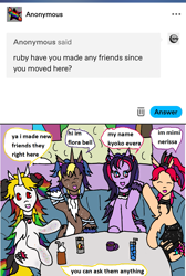 Size: 1109x1653 | Tagged: safe, derpibooru import, oc, earth pony, pegasus, pony, undead, unicorn, vampire, vampony, ask, drink, friends, horn, tumblr