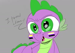 Size: 1754x1240 | Tagged: safe, artist:jully-park, derpibooru import, spike, dragon, g4, gray background, nonbinary, nonbinary pride flag, nonbinary spike, pride, pride flag, simple background, solo, wingless spike