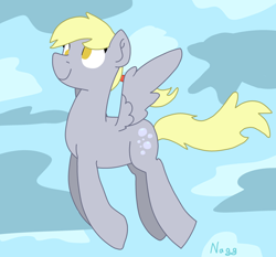 Size: 3200x2980 | Tagged: safe, artist:naggfruit, derpibooru import, derpy hooves, pegasus, female, flying, mare, ponytail, signature, sky background, solo