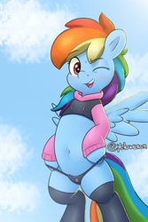 Size: 2000x3000 | Tagged: safe, artist:yelowcrom, derpibooru import, rainbow dash, pegasus, pony, g4, belly, belly button, bipedal, clothes, cute, female, hoodie, mare, paggi outfit, panties, sexy, socks, solo, thigh highs, underwear, wings